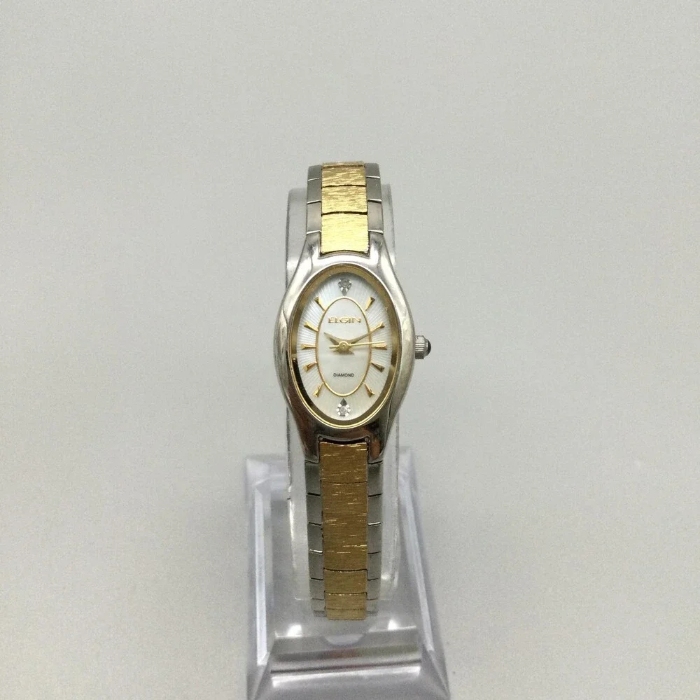 Elgin Womens Watch 18mm MOP Dial Two Tone Diamond EG259N New Battery 6.75